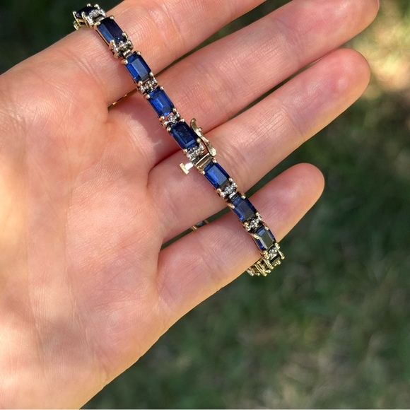 Solid 14k Yellow Gold Sapphire & Diamond Tennis Bracelet - Picture 14 of 16